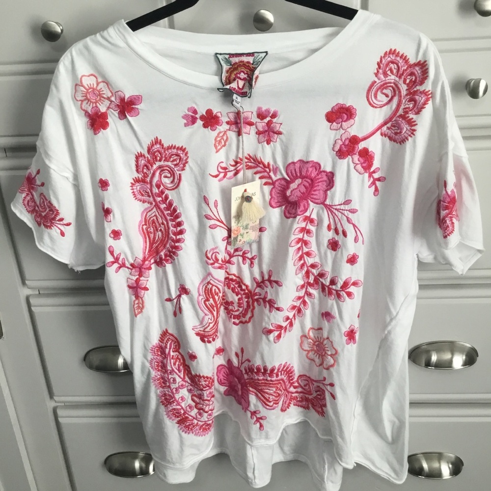 NWT Johnny Was Raw Detail Swing Tee Cassia Pink Embroidery Floral Paisley XL